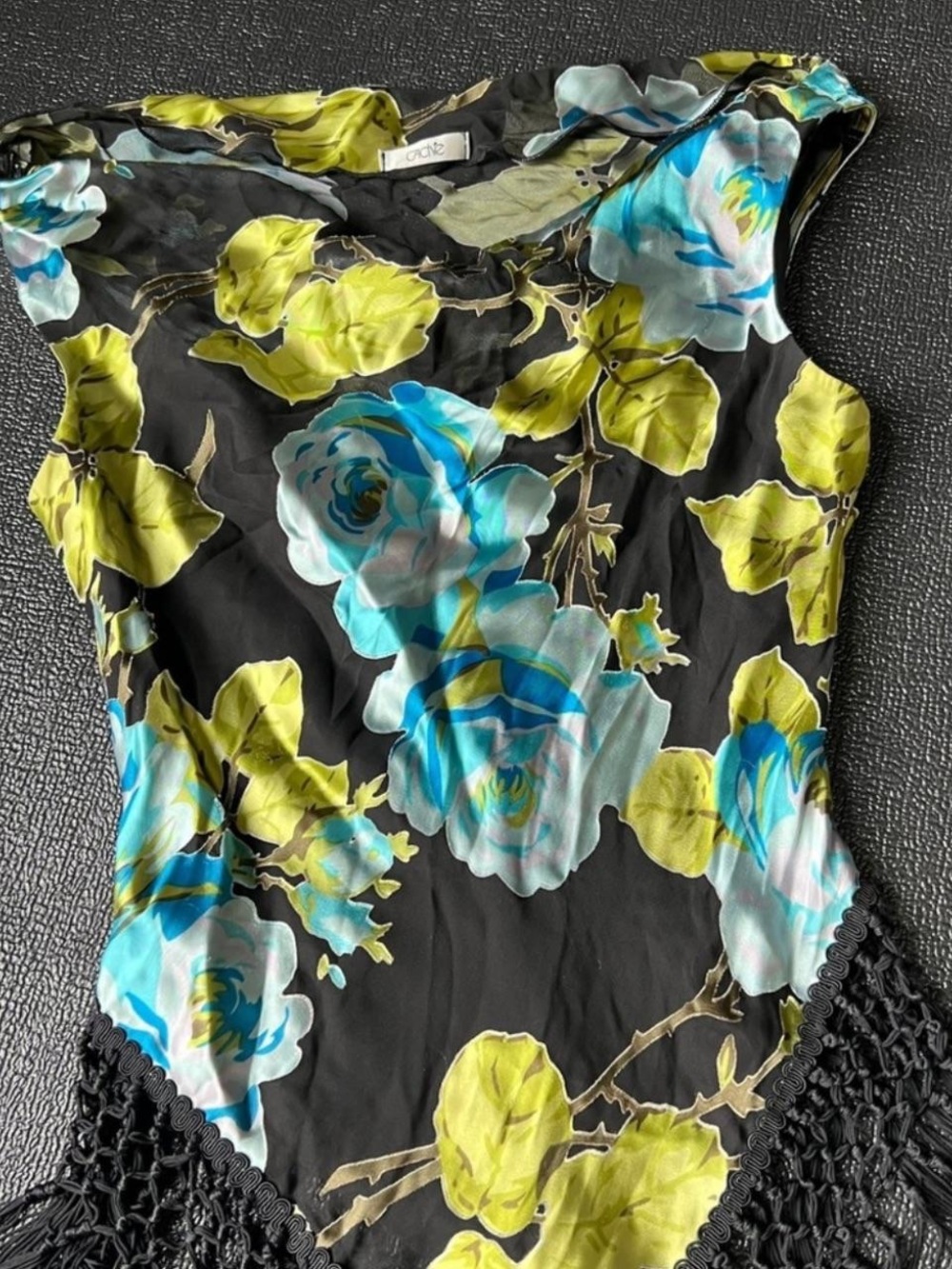 Cache Vintage Y2K Red Floral Burnout Cowl Neck Fringe Tank Top NWT Medium - Picture 12 of 13
